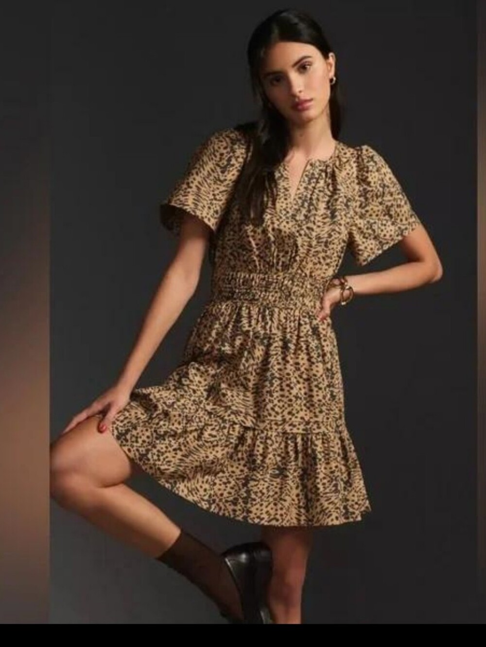 Anthropologie Somerset Smocked Mini Dress Cheetah Animal Print S Boho Cottage